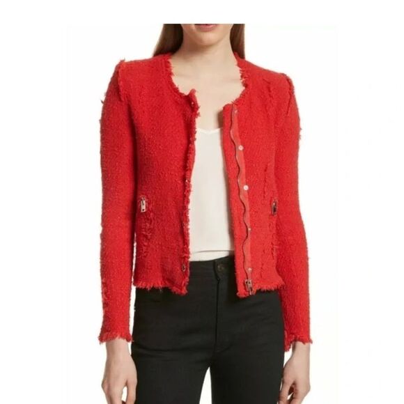 Iro Agnette Red Boucle Cotton Jacket Size 38 US 6 - Picture 2 of 11